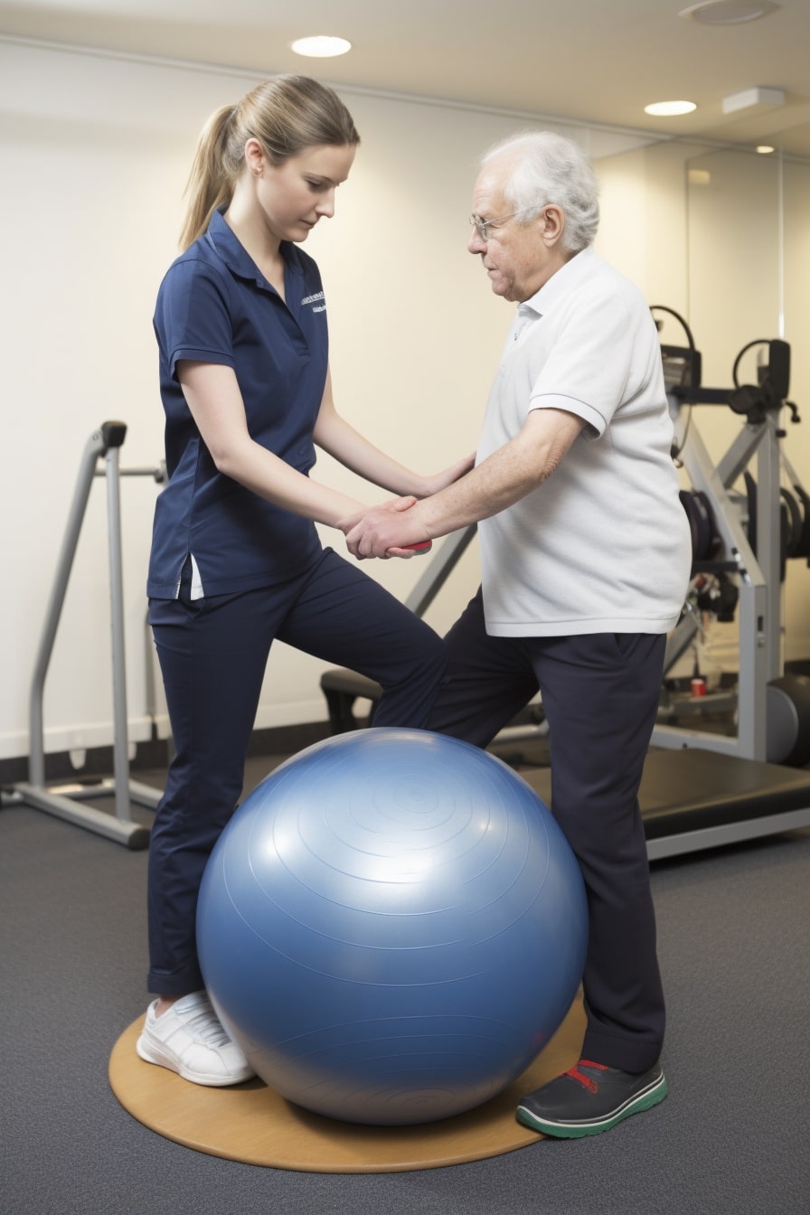 a therapist holding a patient's hand with a ball between them for therapy